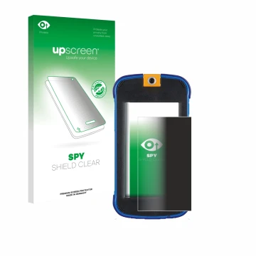 Parte frontal de un envase de producto con el logotipo de la marca upscreen. Al lado se muestra el dispositivo Vtech Kidicom M