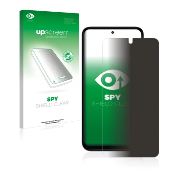 Parte frontal de un envase de producto con el logotipo de la marca upscreen. Al lado se muestra el dispositivo Motorola Moto G