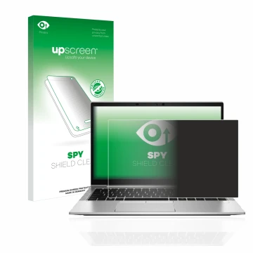 Parte frontal de un envase de producto con el logotipo de la marca upscreen. Al lado se muestra el dispositivo HP EliteBook 84