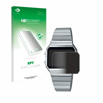 Parte frontal de un envase de producto con el logotipo de la marca upscreen. Al lado se muestra el dispositivo Casio A700WE co