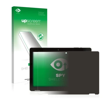 Parte frontal de un envase de producto con el logotipo de la marca upscreen. Al lado se muestra el dispositivo Hannspree Pad A