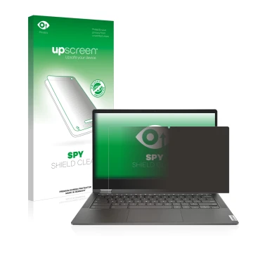 Parte frontal de un envase de producto con el logotipo de la marca upscreen. Al lado se muestra el dispositivo Lenovo IdeaPad 