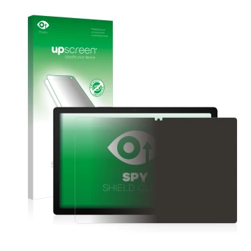 Parte frontal de un envase de producto con el logotipo de la marca upscreen. Al lado se muestra el dispositivo Samsung Galaxy 