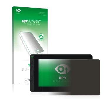 Parte frontal de un envase de producto con el logotipo de la marca upscreen. Al lado se muestra el dispositivo Huion Kamvas 12