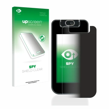 Parte frontal de un envase de producto con el logotipo de la marca upscreen. Al lado se muestra el dispositivo Vtech Kidicom A