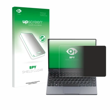 Parte frontal de un envase de producto con el logotipo de la marca upscreen. Al lado se muestra el dispositivo Chuwi MiniBook 