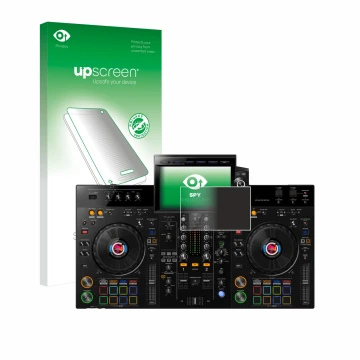 Parte frontal de un envase de producto con el logotipo de la marca upscreen. Al lado se muestra el dispositivo Pioneer XDJ-RX3