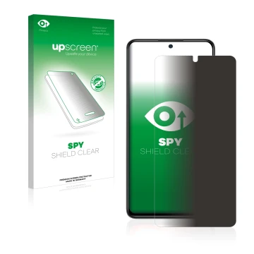 Parte frontal de un envase de producto con el logotipo de la marca upscreen. Al lado se muestra el dispositivo Xiaomi Redmi No