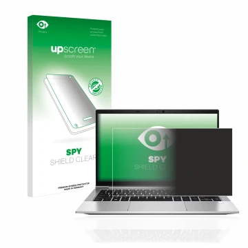 Parte frontal de un envase de producto con el logotipo de la marca upscreen. Al lado se muestra el dispositivo HP EliteBook 83
