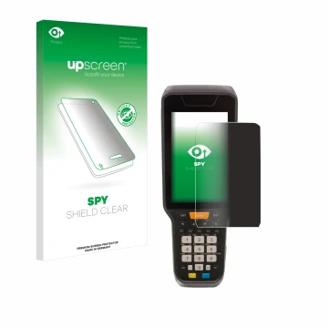 Parte frontal de un envase de producto con el logotipo de la marca upscreen. Al lado se muestra el dispositivo Datalogic Skorp