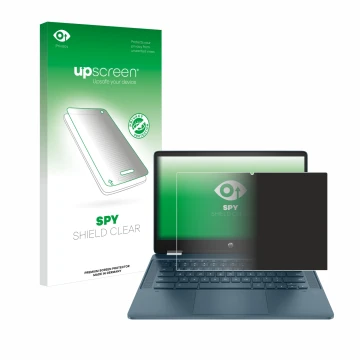Parte frontal de un envase de producto con el logotipo de la marca upscreen. Al lado se muestra el dispositivo HP Chromebook x