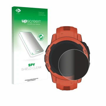 Parte frontal de un envase de producto con el logotipo de la marca upscreen. Al lado se muestra el dispositivo Garmin Instinct