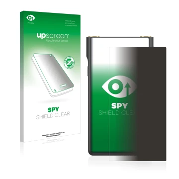Parte frontal de un envase de producto con el logotipo de la marca upscreen. Al lado se muestra el dispositivo Sony Walkman NW