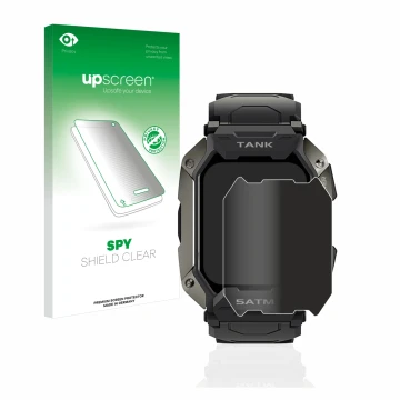 Parte frontal de un envase de producto con el logotipo de la marca upscreen. Al lado se muestra el dispositivo Kospet Tank M1 