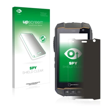 Parte frontal de un envase de producto con el logotipo de la marca upscreen. Al lado se muestra el dispositivo i.safe MOBILE I