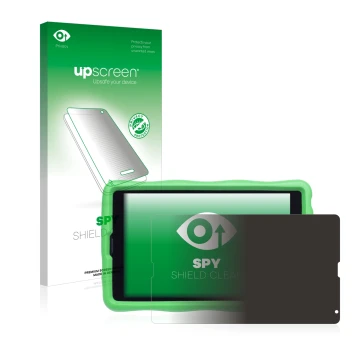 Parte frontal de un envase de producto con el logotipo de la marca upscreen. Al lado se muestra el dispositivo MEDION Lifetab 