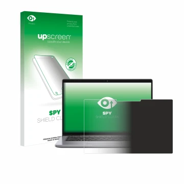 Parte frontal de un envase de producto con el logotipo de la marca upscreen. Al lado se muestra el dispositivo Dell Latitude 7