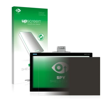 Parte frontal de un envase de producto con el logotipo de la marca upscreen. Al lado se muestra el dispositivo Siemens Simatic
