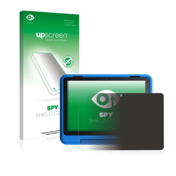 Parte frontal de un envase de producto con el logotipo de la marca upscreen. Al lado se muestra el dispositivo Amazon Fire HD 