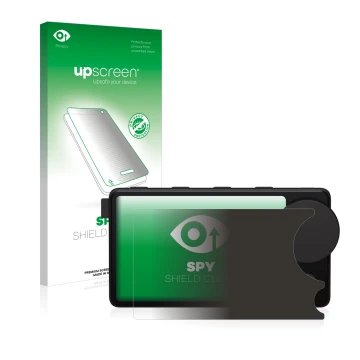 Parte frontal de un envase de producto con el logotipo de la marca upscreen. Al lado se muestra el dispositivo Spotify Car Thi