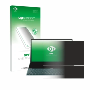 Parte frontal de un envase de producto con el logotipo de la marca upscreen. Al lado se muestra el dispositivo ASUS ZenBook Du