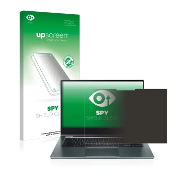Parte frontal de un envase de producto con el logotipo de la marca upscreen. Al lado se muestra el dispositivo Acer Chromebook