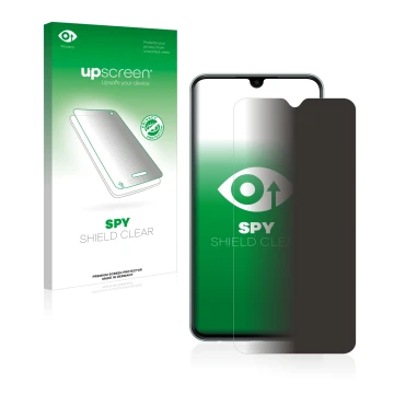 Parte frontal de un envase de producto con el logotipo de la marca upscreen. Al lado se muestra el dispositivo Samsung Galaxy 