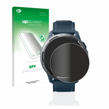 Parte frontal de un envase de producto con el logotipo de la marca upscreen. Al lado se muestra el dispositivo Xiaomi Watch S1