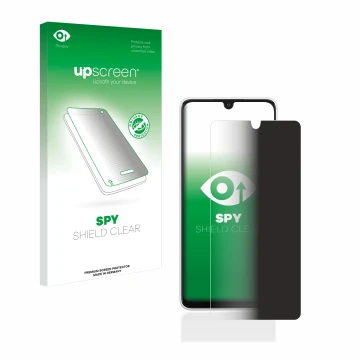 Parte frontal de un envase de producto con el logotipo de la marca upscreen. Al lado se muestra el dispositivo Samsung Galaxy 