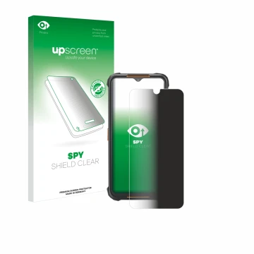Parte frontal de un envase de producto con el logotipo de la marca upscreen. Al lado se muestra el dispositivo AGM H5 con su p