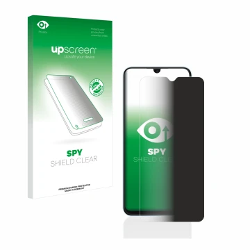 Parte frontal de un envase de producto con el logotipo de la marca upscreen. Al lado se muestra el dispositivo Samsung Galaxy 