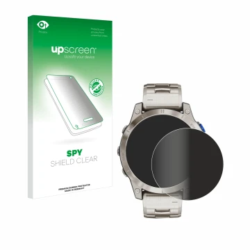 Parte frontal de un envase de producto con el logotipo de la marca upscreen. Al lado se muestra el dispositivo Garmin D2 Mach 