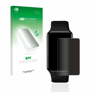 Parte frontal de un envase de producto con el logotipo de la marca upscreen. Al lado se muestra el dispositivo Oppo Watch Free