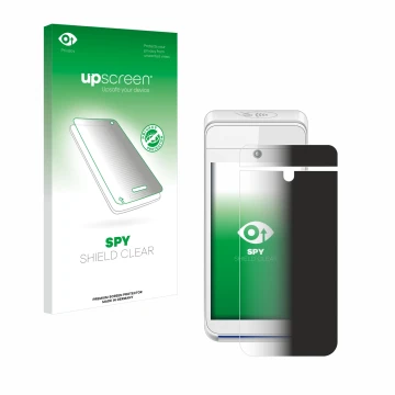 Parte frontal de un envase de producto con el logotipo de la marca upscreen. Al lado se muestra el dispositivo Pax A920 con su