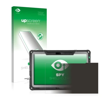 Parte frontal de un envase de producto con el logotipo de la marca upscreen. Al lado se muestra el dispositivo Getac F110 G6 c