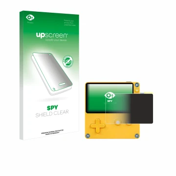 Parte frontal de un envase de producto con el logotipo de la marca upscreen. Al lado se muestra el dispositivo Panic Playdate 