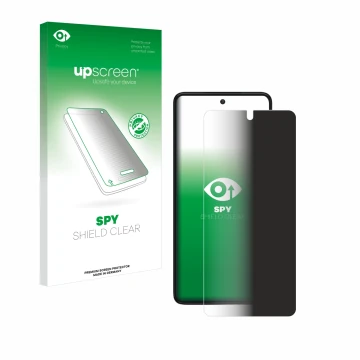 Parte frontal de un envase de producto con el logotipo de la marca upscreen. Al lado se muestra el dispositivo Motorola Edge 3