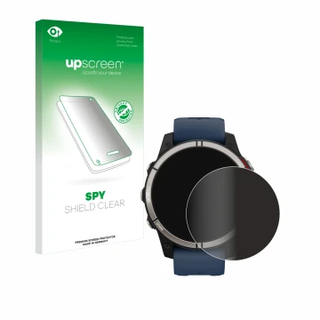 Parte frontal de un envase de producto con el logotipo de la marca upscreen. Al lado se muestra el dispositivo Garmin quatix 7