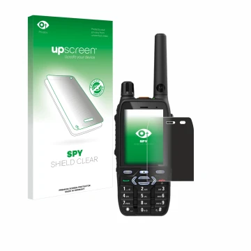 Parte frontal de un envase de producto con el logotipo de la marca upscreen. Al lado se muestra el dispositivo Motorola MXP600