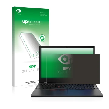 Parte frontal de un envase de producto con el logotipo de la marca upscreen. Al lado se muestra el dispositivo Lenovo ThinkPad