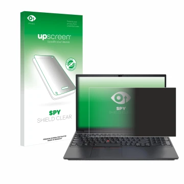 Parte frontal de un envase de producto con el logotipo de la marca upscreen. Al lado se muestra el dispositivo Lenovo ThinkPad