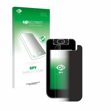 Parte frontal de un envase de producto con el logotipo de la marca upscreen. Al lado se muestra el dispositivo Vtech KidiBuzz 