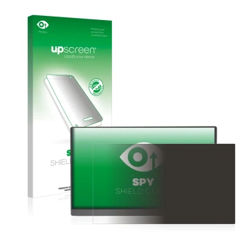 Parte frontal de un envase de producto con el logotipo de la marca upscreen. Al lado se muestra el dispositivo Arzopa 15.6
