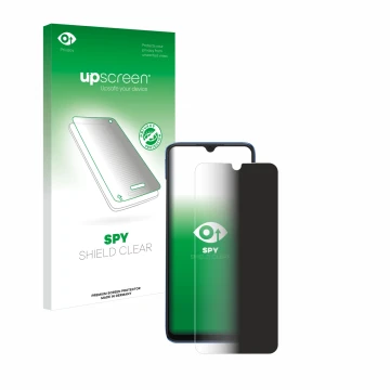 Parte frontal de un envase de producto con el logotipo de la marca upscreen. Al lado se muestra el dispositivo Xiaomi Redmi 10