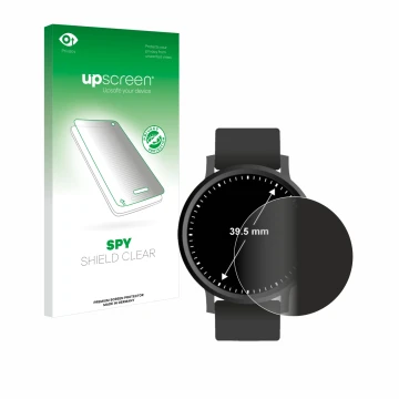 Parte frontal de un envase de producto con el logotipo de la marca upscreen. Al lado se muestra el dispositivo Relojes (Circul
