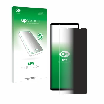 Parte frontal de un envase de producto con el logotipo de la marca upscreen. Al lado se muestra el dispositivo Sony Xperia 1 I