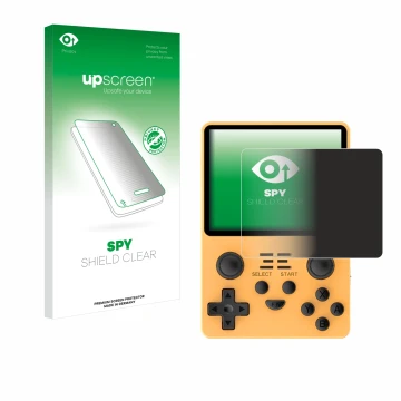 Parte frontal de un envase de producto con el logotipo de la marca upscreen. Al lado se muestra el dispositivo Powkiddy RGB20S