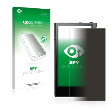 Parte frontal de un envase de producto con el logotipo de la marca upscreen. Al lado se muestra el dispositivo Astell&Kern Kan