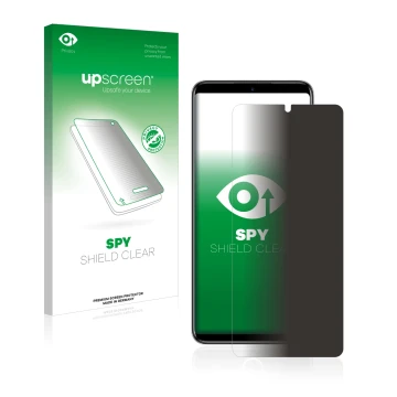 Parte frontal de un envase de producto con el logotipo de la marca upscreen. Al lado se muestra el dispositivo Infinix Note 12