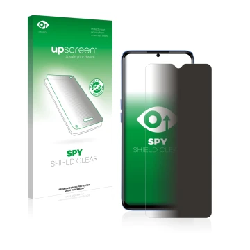 Parte frontal de un envase de producto con el logotipo de la marca upscreen. Al lado se muestra el dispositivo realme Narzo 50